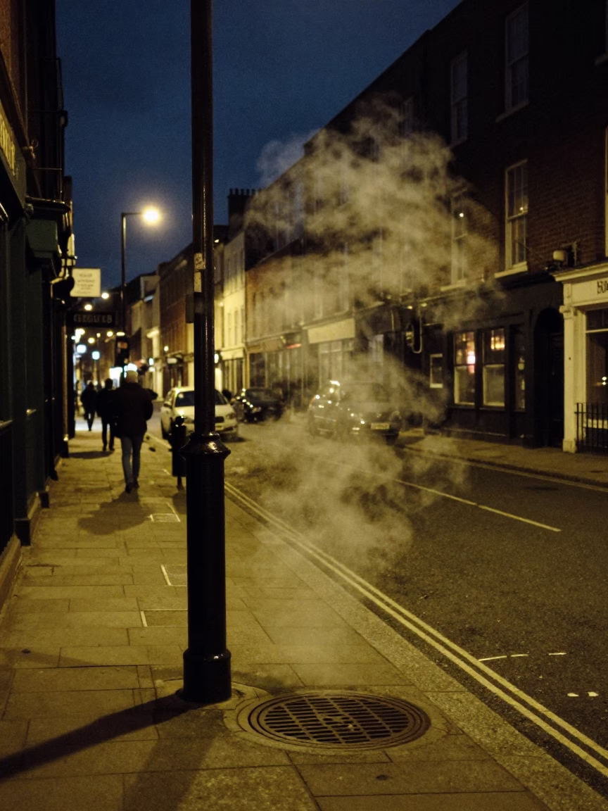 Midnight Bristol Street Scene with Steam Haze and Dust on Doorframe in in Bristol, United Kingdom