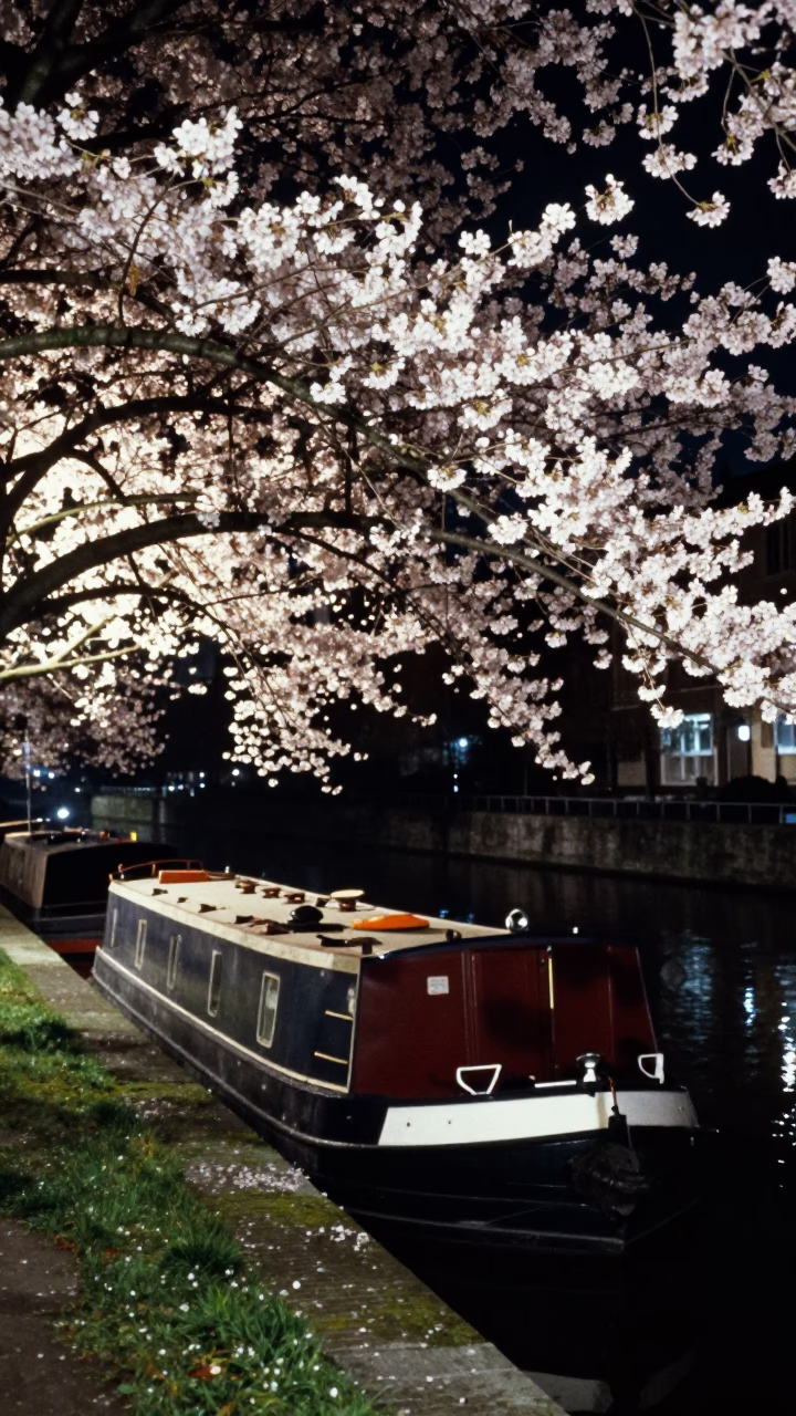 Midnight Brussels Canal Barge and Cherry Blossoms in 1980s Belgium in in Brussels, Belgium