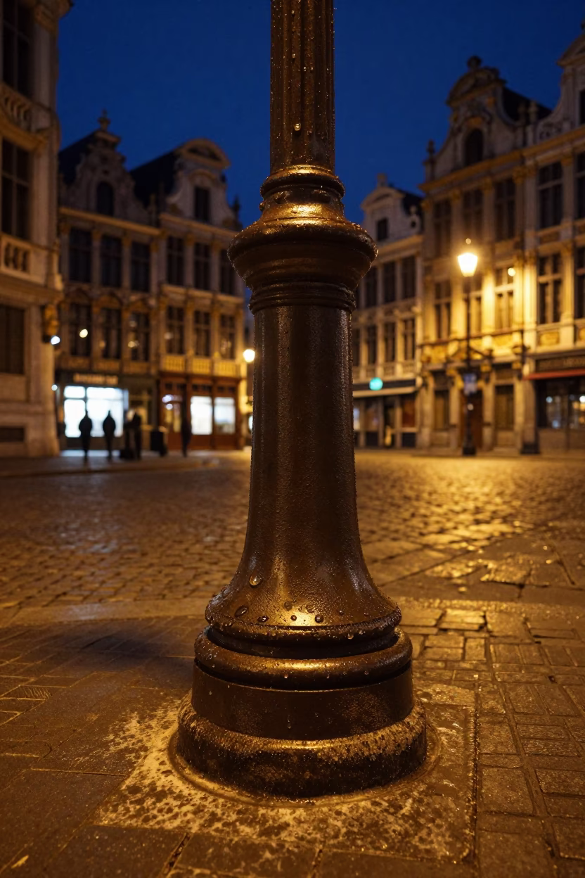 Midnight Brussels Street Corner with Condensation and Grease Sheen in in Brussels, Belgium
