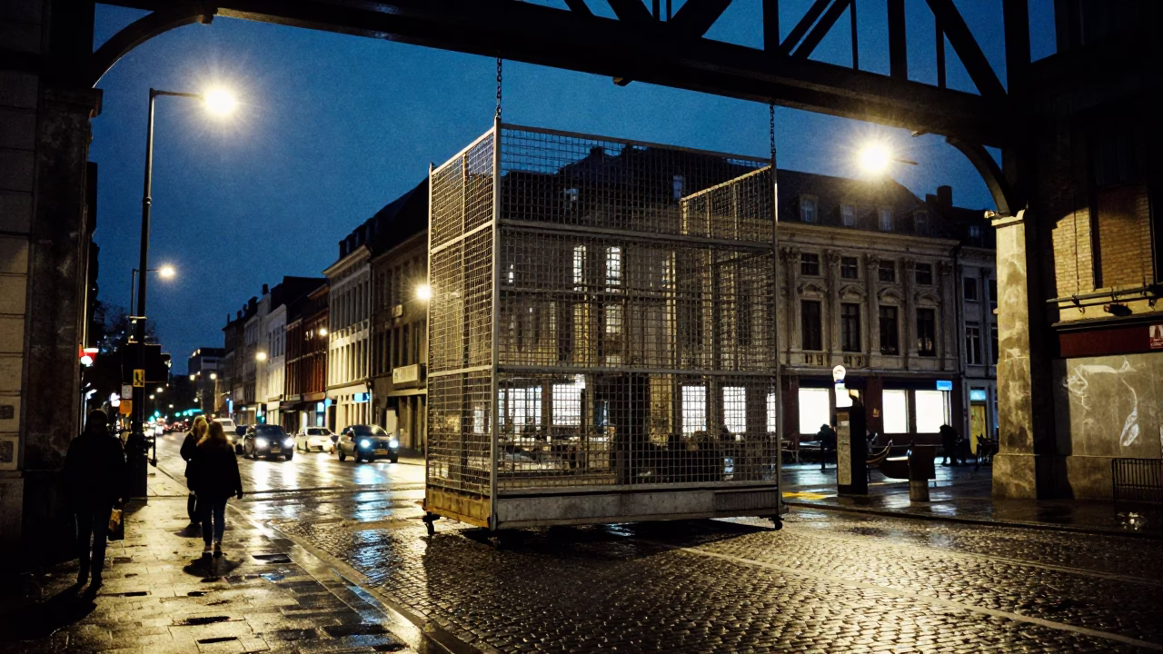 Midnight Brussels Street Scene with Bridge Maintenance Cage and Urban Details in in Brussels, Belgium