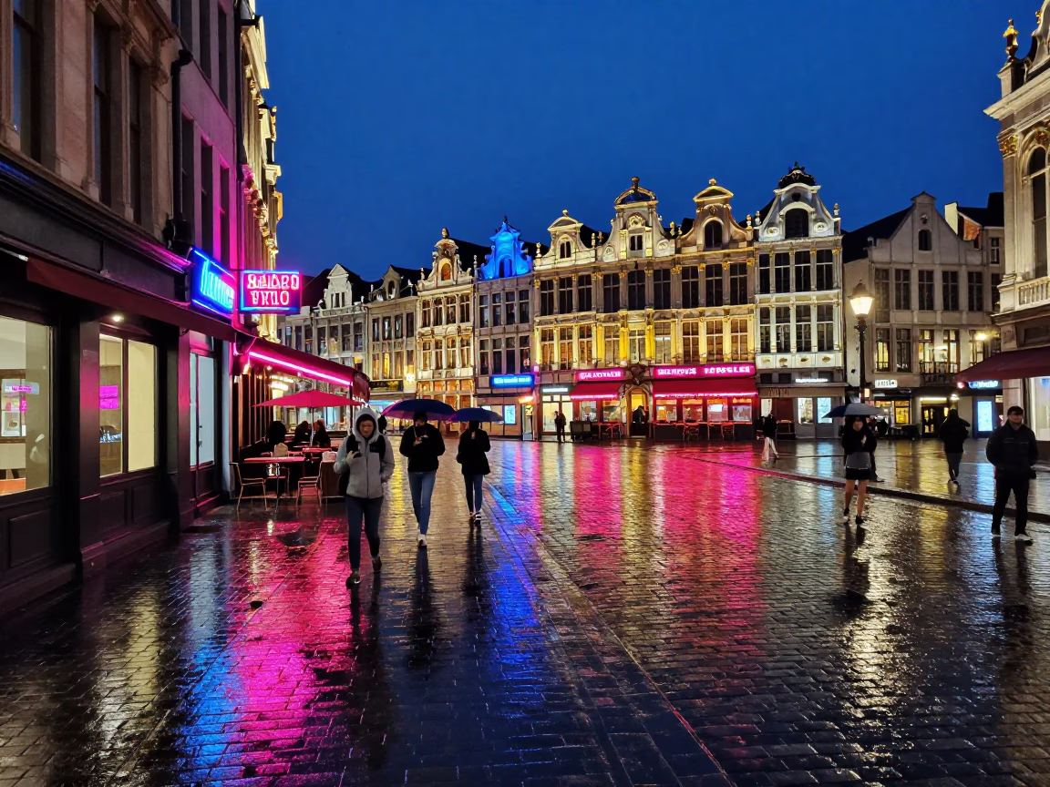 Midnight Brussels Street Scene with Colorful Neon Signs and Rain-Slicked Cobblestones in in Brussels, Belgium