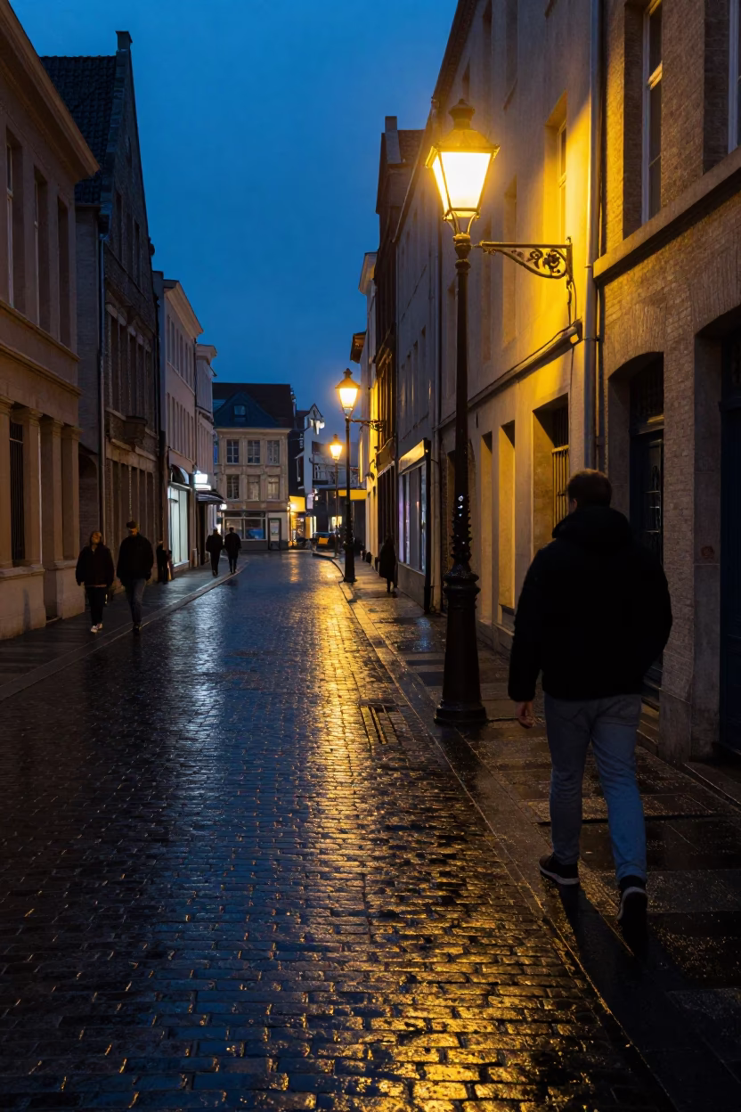 Midnight Brussels Street Scene with Diamond Stud Earring Reflection in Wet Cobblestones in in Brussels, Belgium