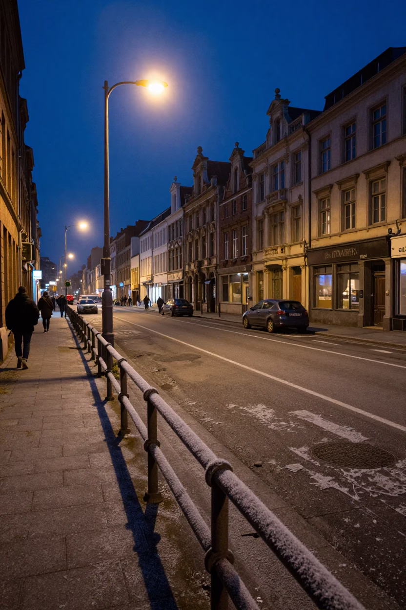 Midnight Brussels Street Scene with Frost Patterns and Urban Details in in Brussels, Belgium