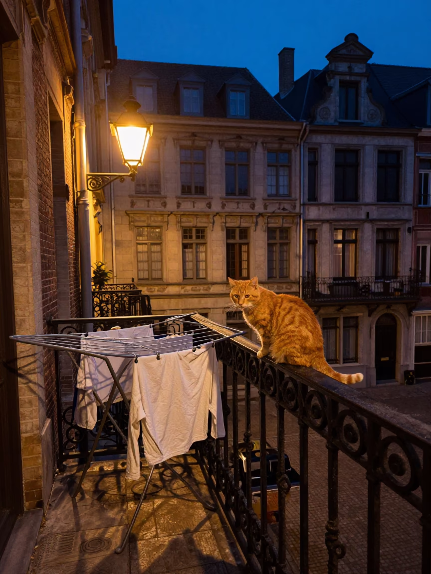 Midnight Brussels street scene with ginger cat and drying rack in in Brussels, Belgium