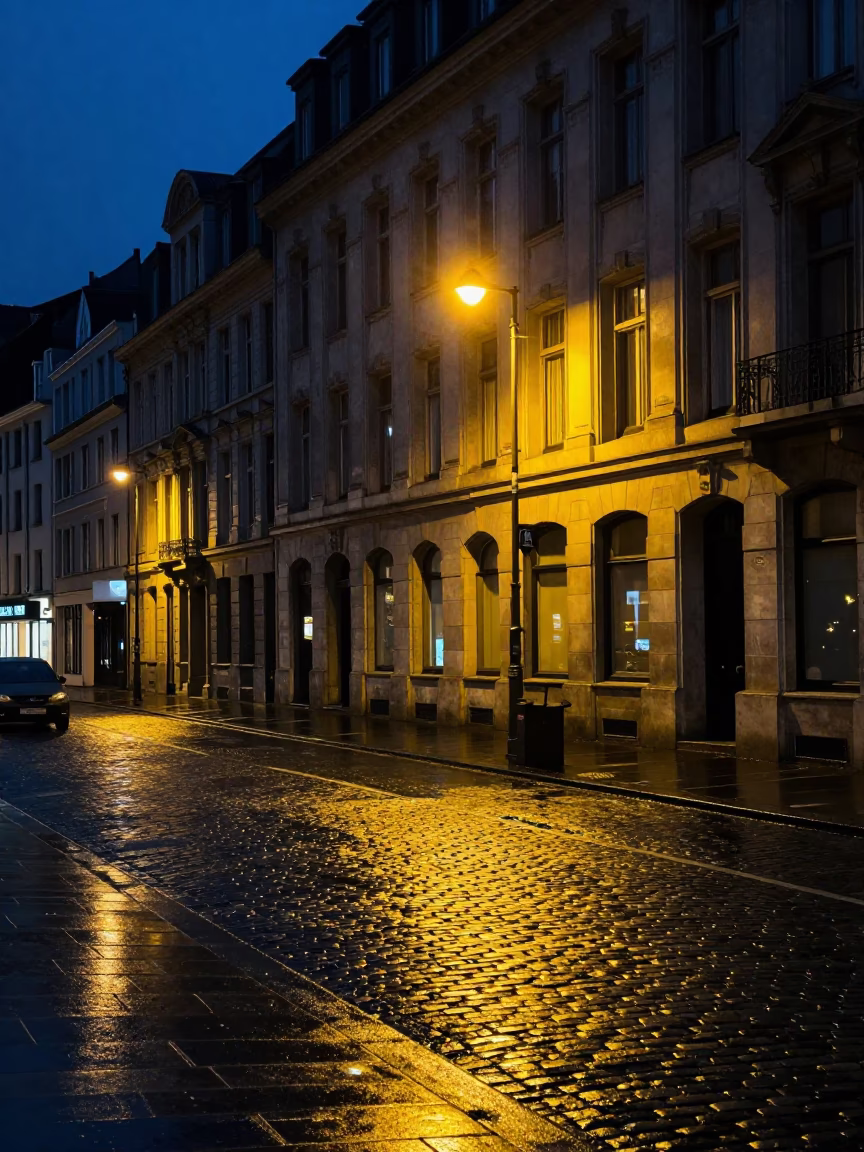 Midnight Brussels Street Scene with Neon Reflections and Urban Details in in Brussels, Belgium
