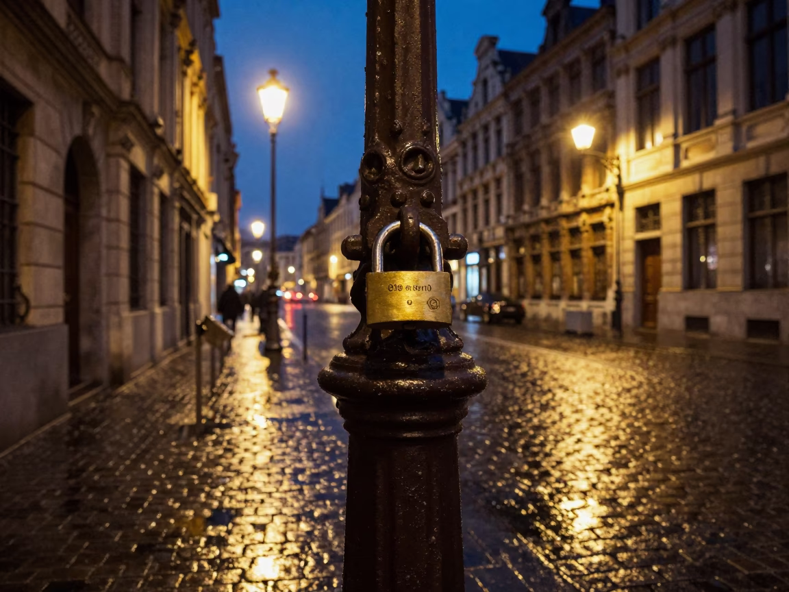 Midnight Brussels Street Scene with Padlock on Lamppost and Wet Cobblestone Reflections in in Brussels, Belgium