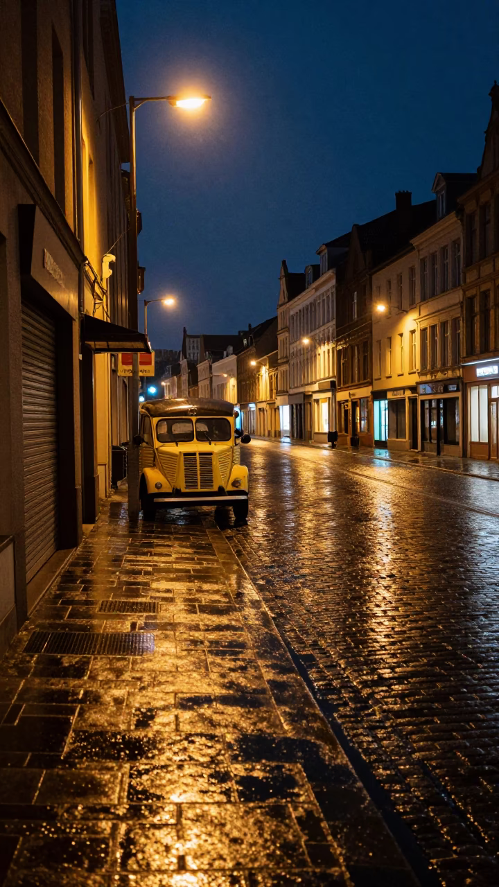 Midnight Brussels Street Scene with Reflections and City Lights in in Brussels, Belgium