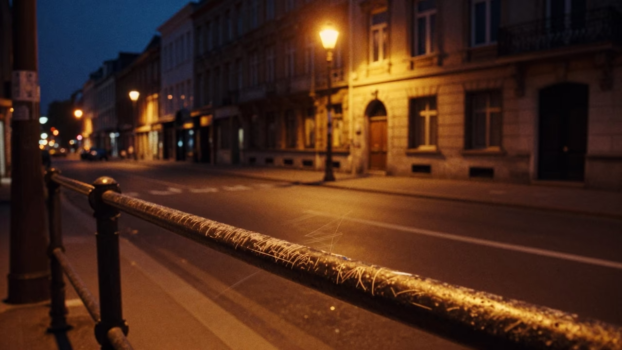 Midnight Brussels Street Scene with Scratched Rail and Taper Candle in in Brussels, Belgium