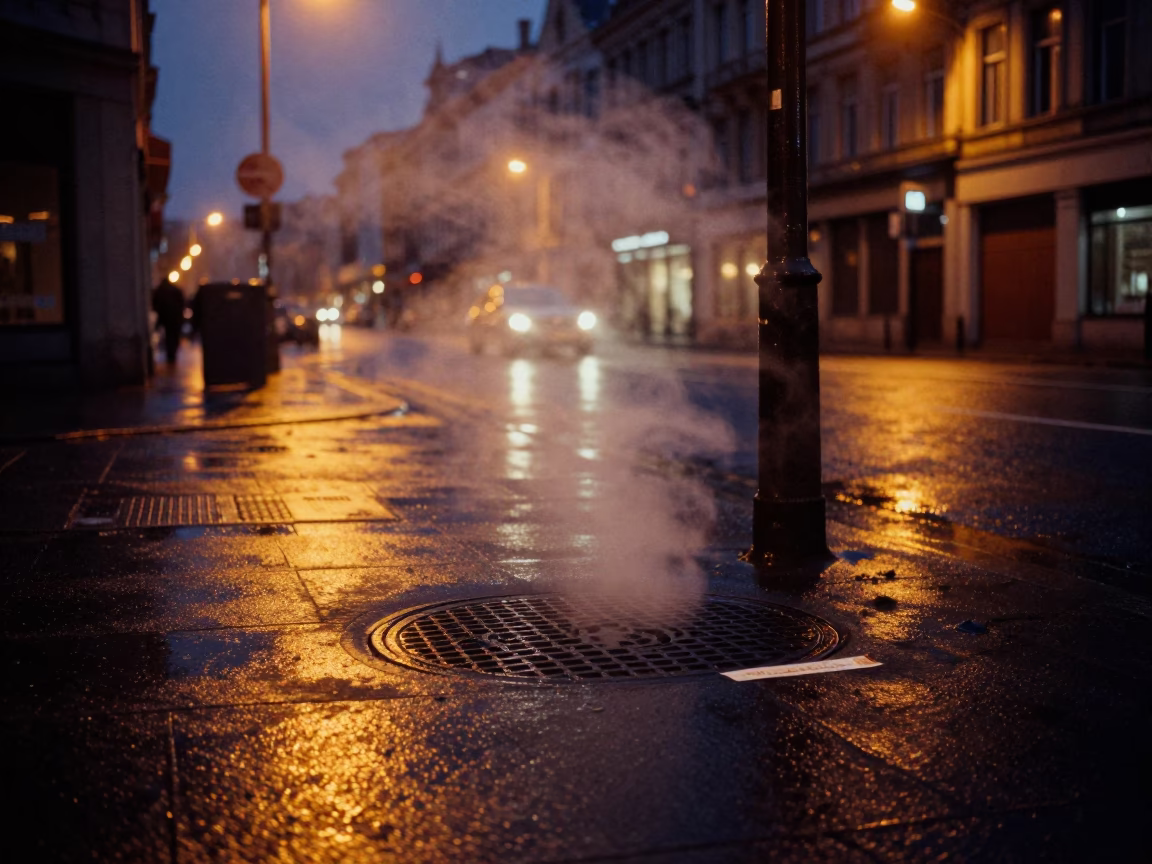 Midnight Brussels Street Scene with Steam Haze and Urban Reflections in in Brussels, Belgium