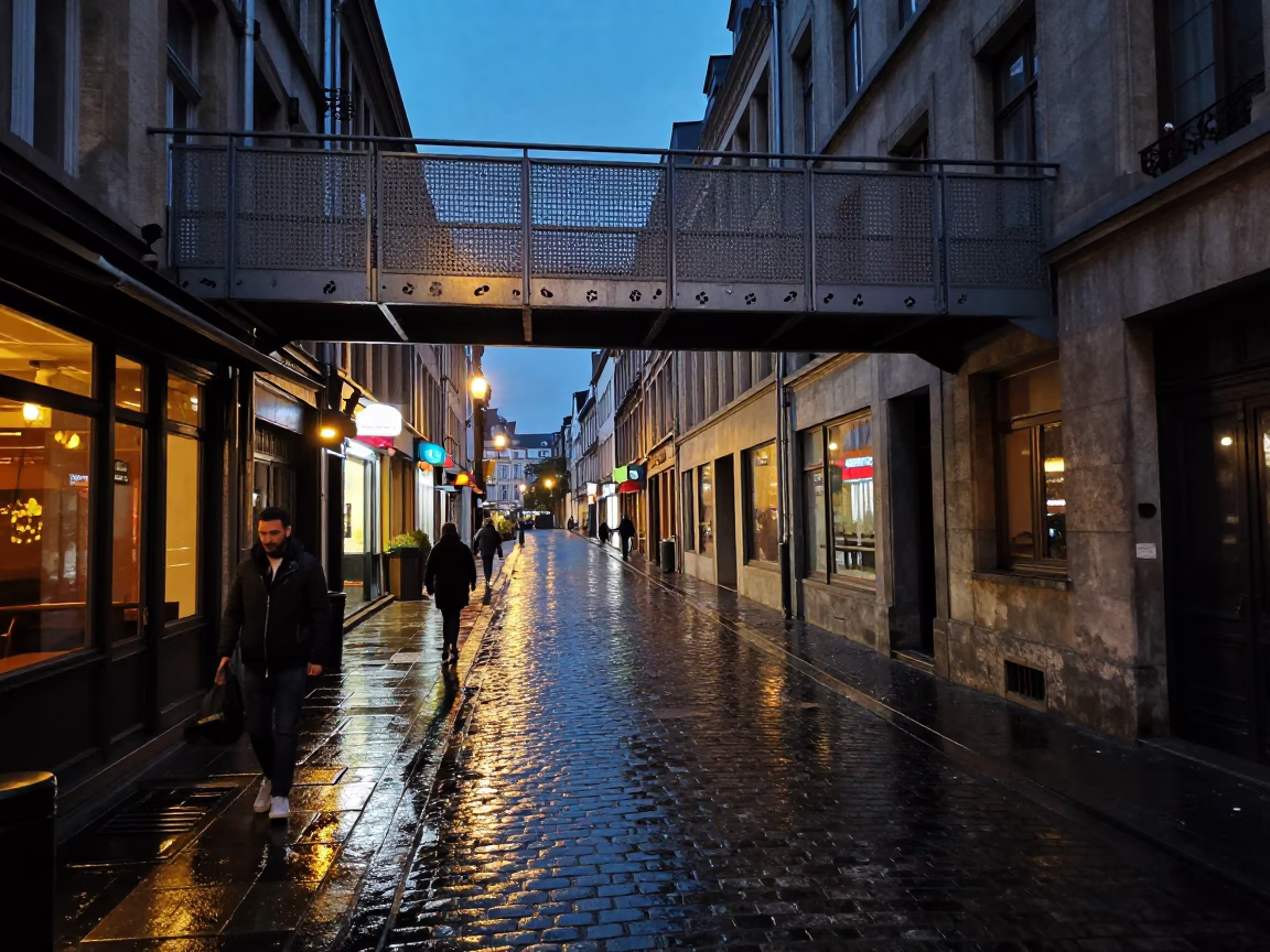 Midnight Brussels Street Scene with Wet Pedestrian Overpass and Urban Reflections in in Brussels, Belgium