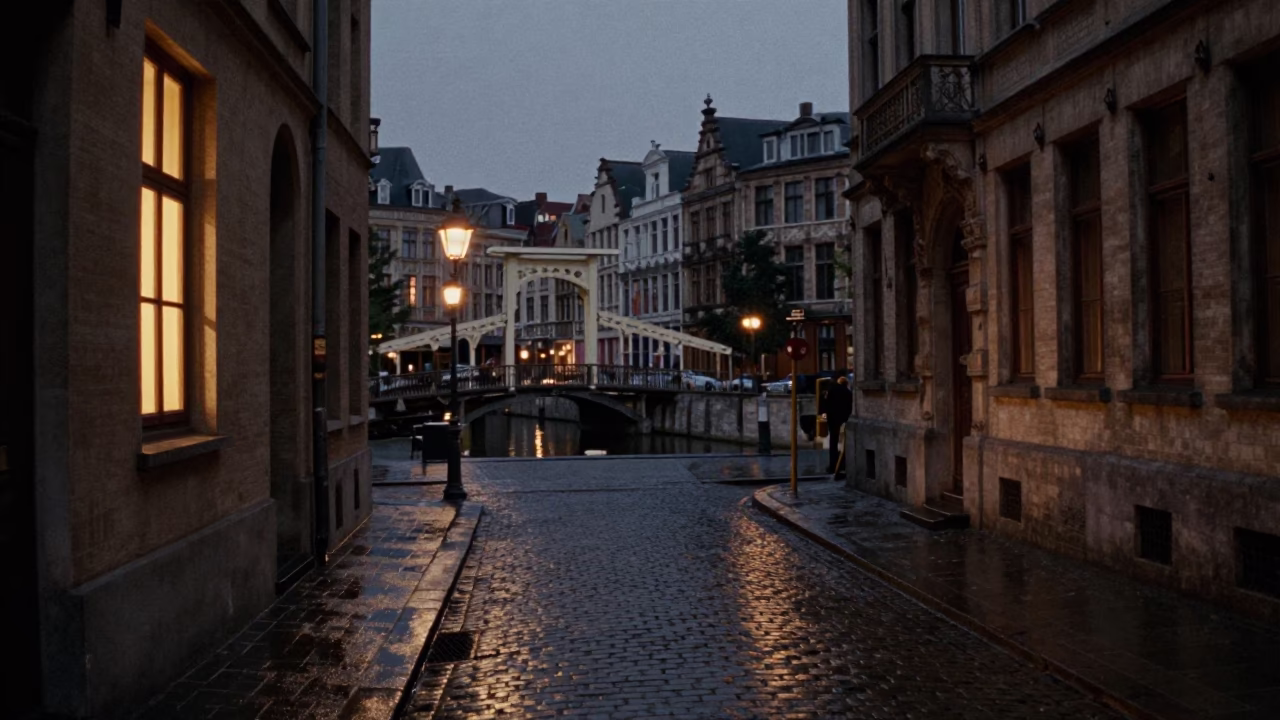 Midnight Brussels Street Scene with Window Light on Drain and Drawbridge in in Brussels, Belgium