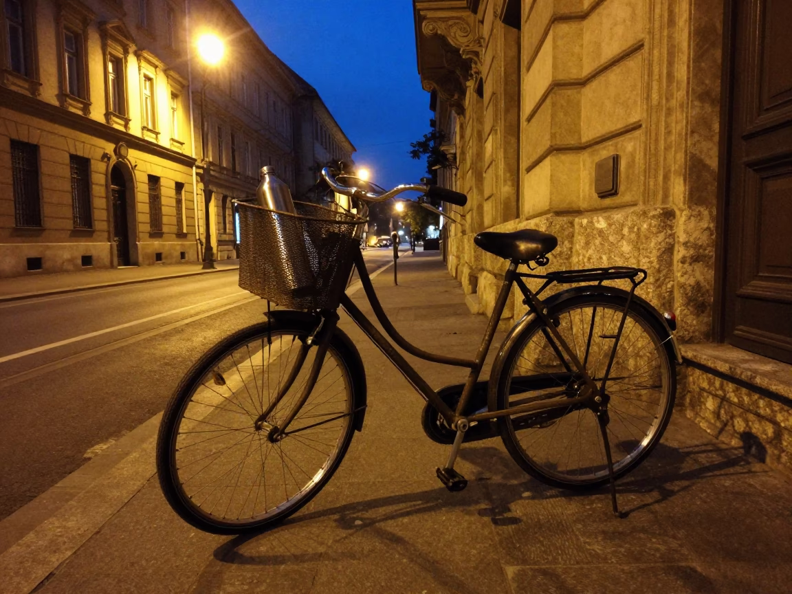 Midnight Budapest Street Scene with Bicycle Basket and Steel Bottle on Cobblestones in in Budapest, Hungary
