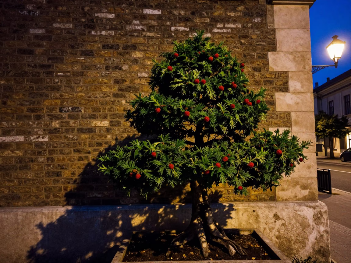 Midnight Budapest Street Scene with Bonsai Juniper and Raspberries on Stone Ledge in in Budapest, Hungary