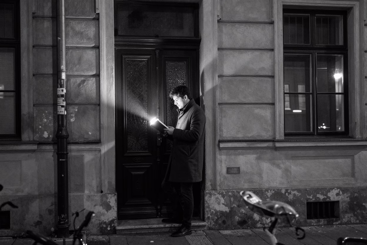 Midnight Budapest Street Scene with Book Light and Glass Tumbler in Historic Alleyway in in Budapest, Hungary