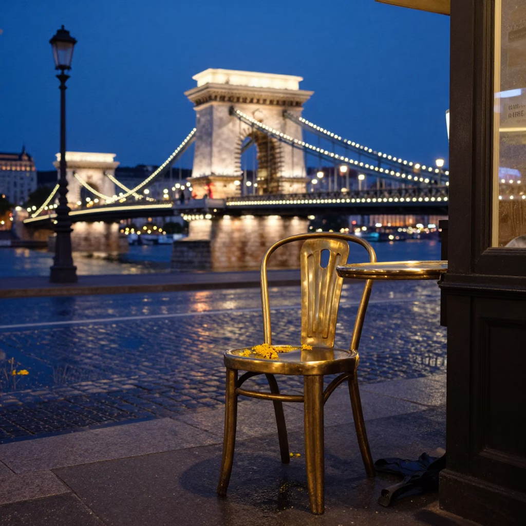 Midnight Budapest Street Scene with Brass Chair and Pollen on Mirror Edge in in Budapest, Hungary