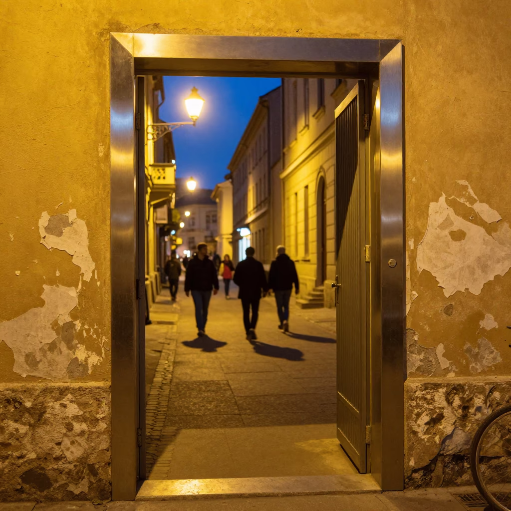 Midnight Budapest Street Scene with Brushed Steel Doorframe and Local Interaction in in Budapest, Hungary