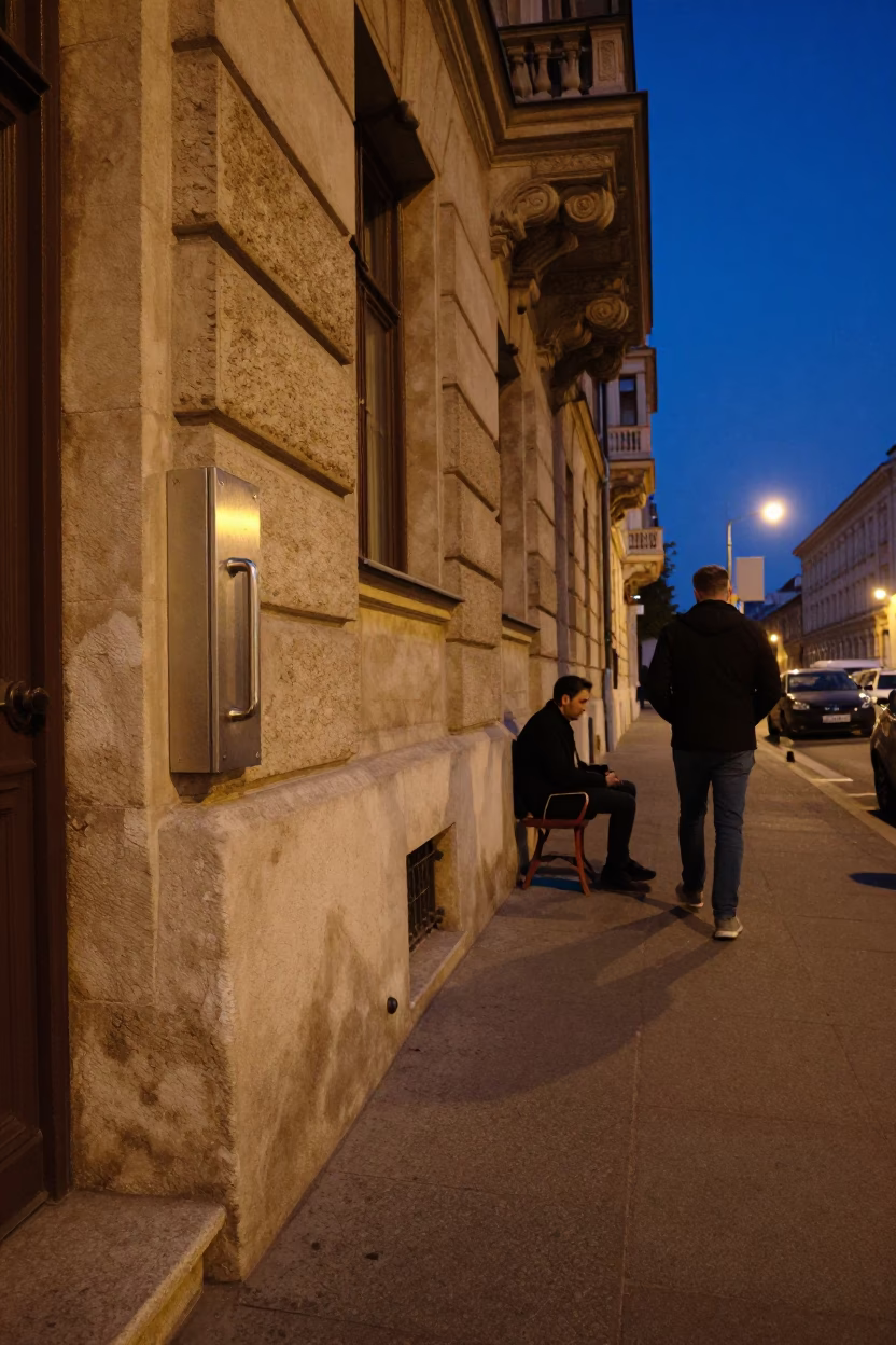 Midnight Budapest Street Scene with Brushed Steel Handle and Urban Atmosphere in in Budapest, Hungary