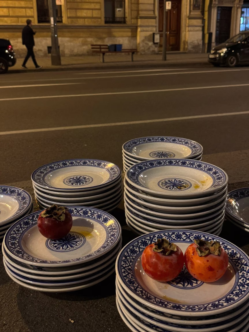 Midnight Budapest Street Scene with Ceramic Plates and Persimmons on Balcony in in Budapest, Hungary