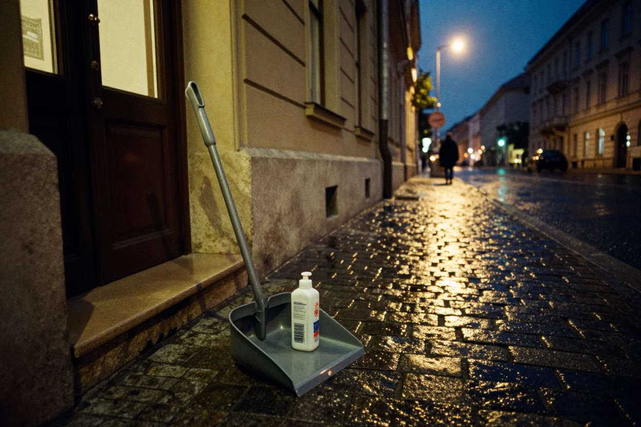 Midnight Budapest Street Scene with Dustpan and Soap Bottle on Cobblestone Sidewalk in in Budapest, Hungary