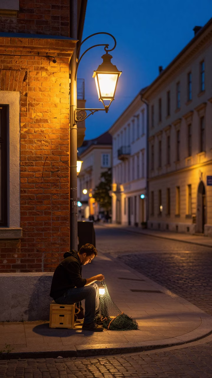 Midnight Budapest Street Scene with Lantern Light and Urban Details in in Budapest, Hungary