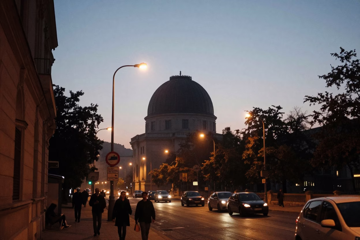 Midnight Budapest Street Scene with Observatory Dome Silhouette and Drifting Ground Fog in in Budapest, Hungary