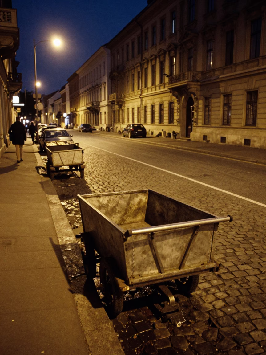 Midnight Budapest Street Scene with Rolling Carts and Urban Life in in Budapest, Hungary