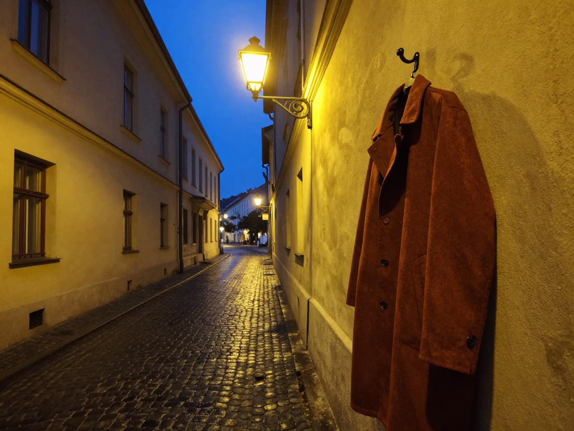 Midnight Budapest Street Scene with Rusty Coat Hook and Concrete Drip in in Budapest, Hungary