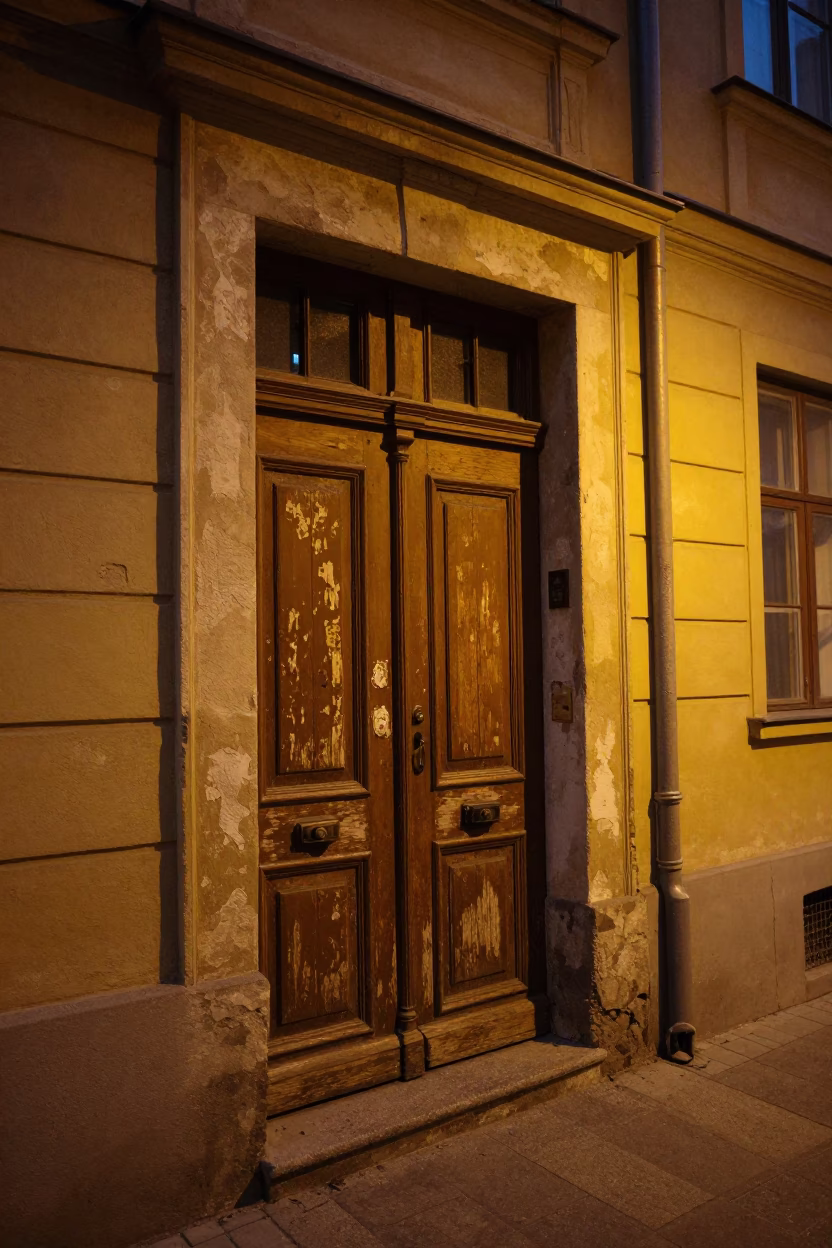 Midnight Budapest street scene with scuffed painted wood door and towel hook in in Budapest, Hungary