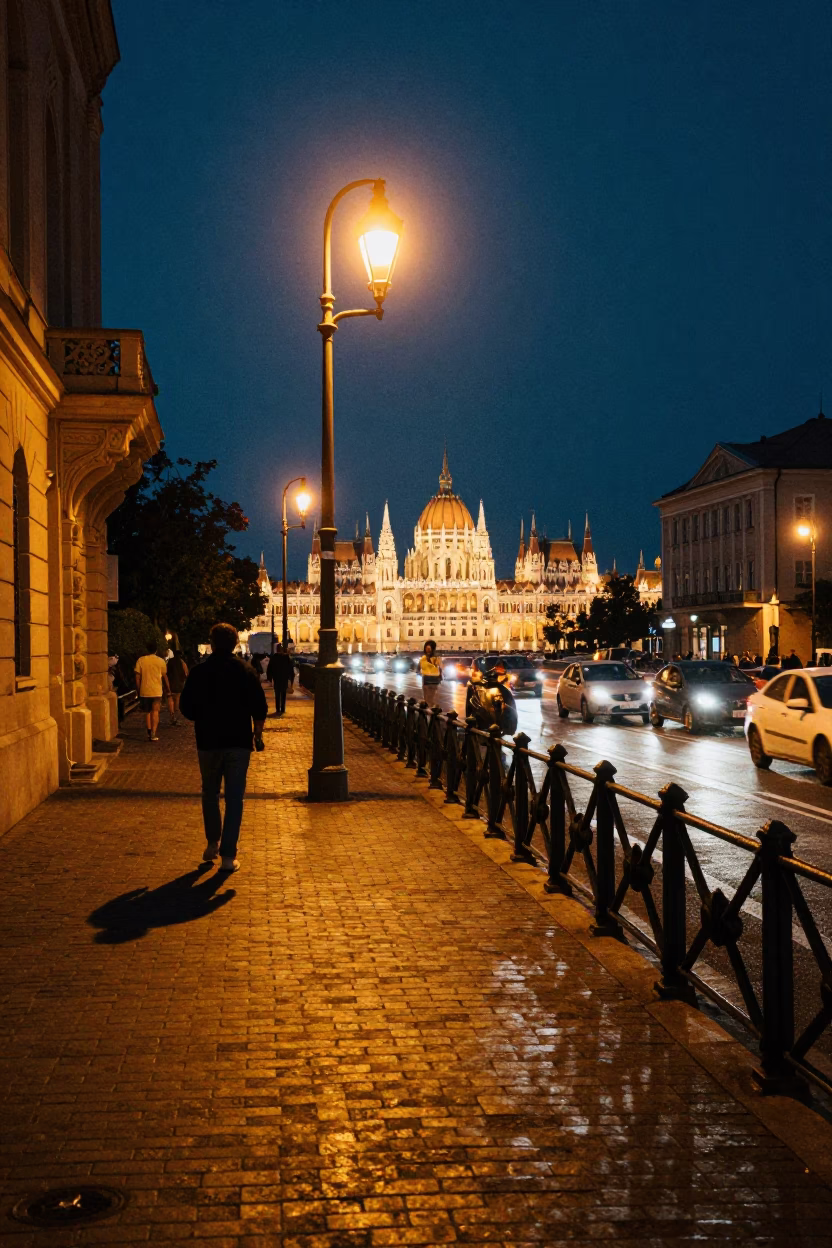 Midnight Budapest Street Scene with Vintage 1960s Aesthetic and Local Urban Details in in Budapest, Hungary