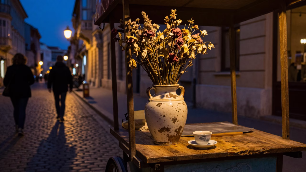 Midnight Budapest Street Scene with Vintage Vase and Tea Stains in in Budapest, Hungary