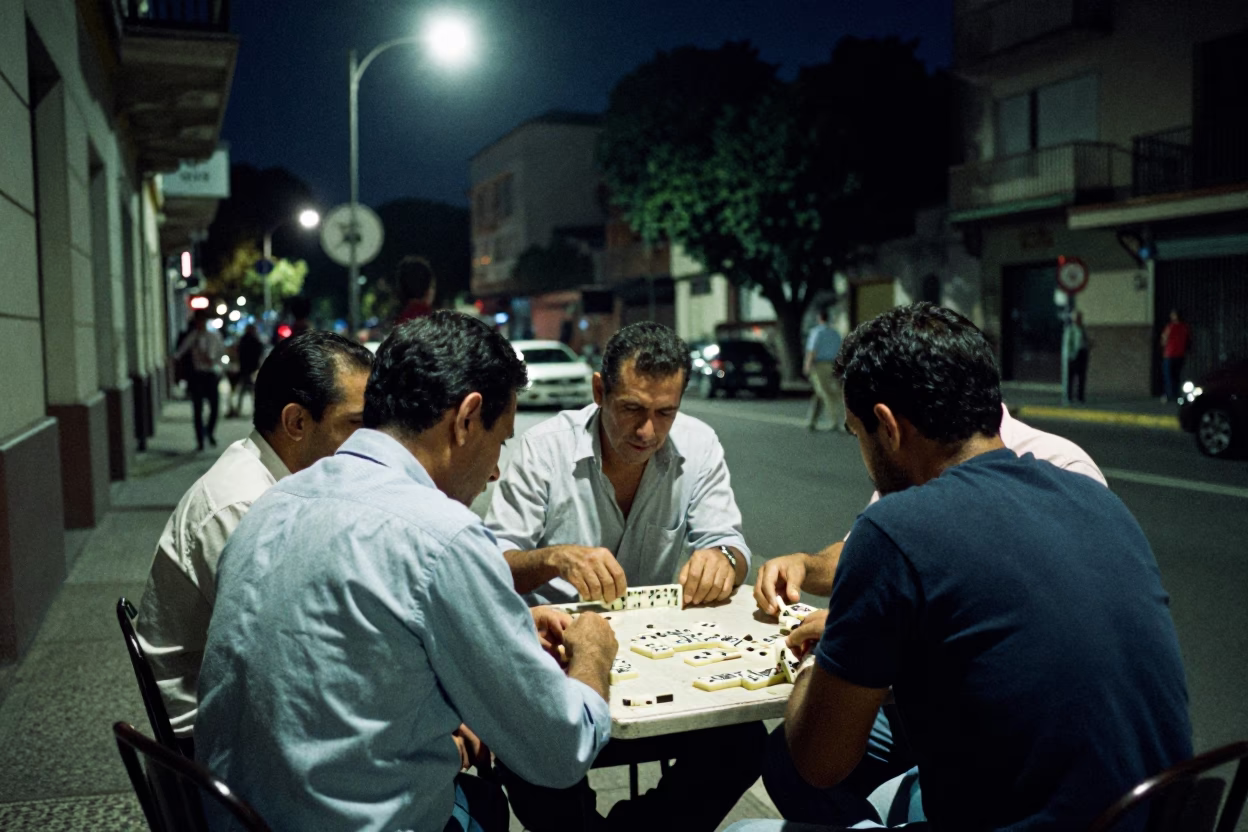 Midnight Buenos Aires Street Corner Domino Game with Urban Night Ambiance in in Buenos Aires, Argentina