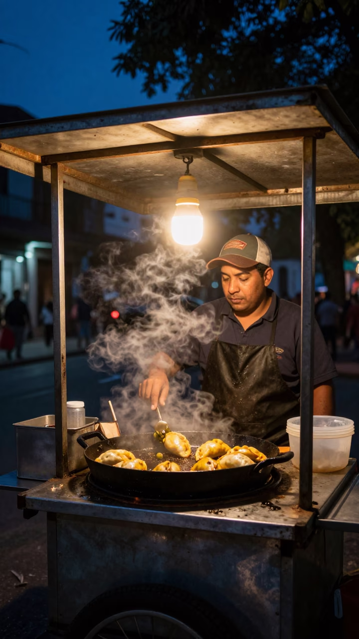 Midnight Buenos Aires Street Food Stall with Skillet and Olive Dish in in Buenos Aires, Argentina