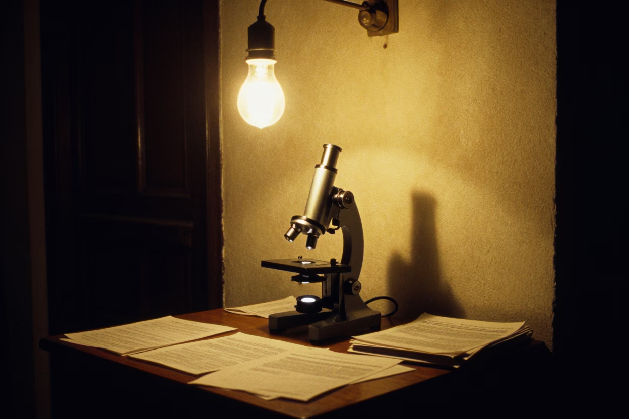 Midnight Buenos Aires Street Scene with Antique Microscope on Desk in in Buenos Aires, Argentina