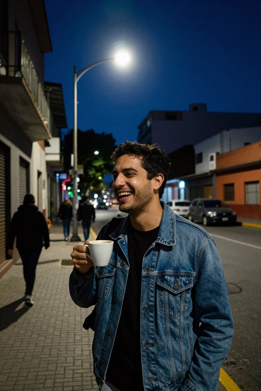 Midnight Buenos Aires Street Scene with Coffee Cup and Local Interaction in in Buenos Aires, Argentina