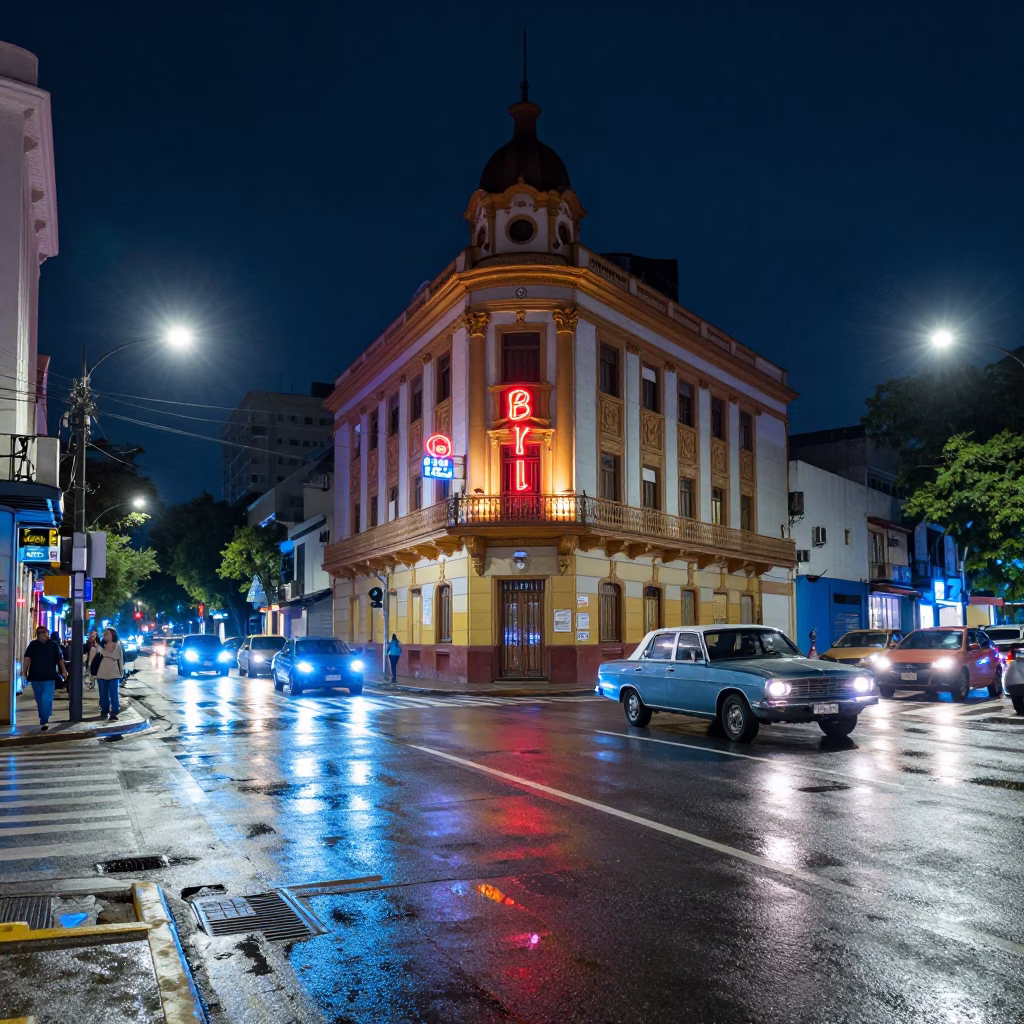 Midnight Buenos Aires Street Scene with Colorful Neon Signs and Vintage Cars in in Buenos Aires, Argentina