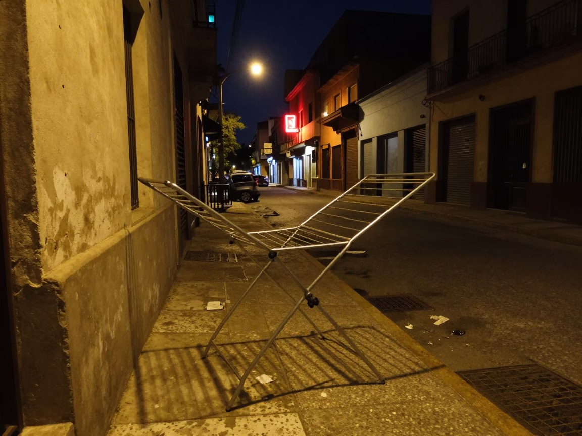 Midnight Buenos Aires Street Scene with Drying Rack and Urban Neon Lights in in Buenos Aires, Argentina
