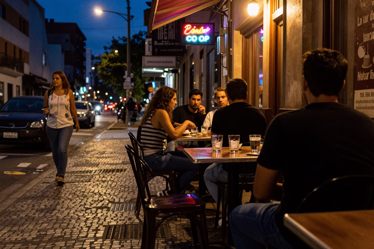 Midnight Buenos Aires Street Scene with Glass Tumblers and Neon Lights in in Buenos Aires, Argentina