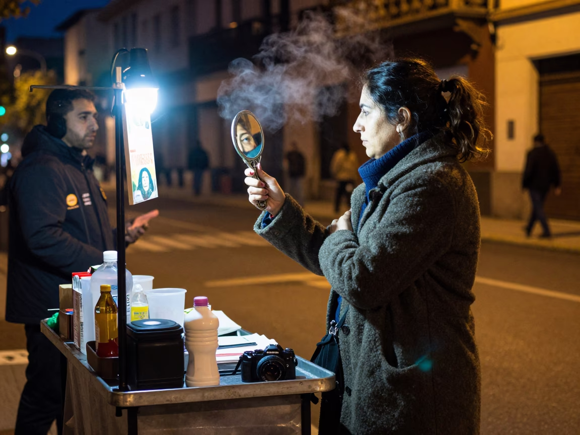 Midnight Buenos Aires Street Scene with Hand Mirror and Electric Kettle in in Buenos Aires, Argentina