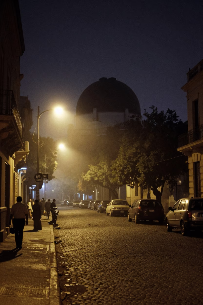 Midnight Buenos Aires Street Scene with Observatory Dome Silhouette Above Drifting Ground Fog in in Buenos Aires, Argentina
