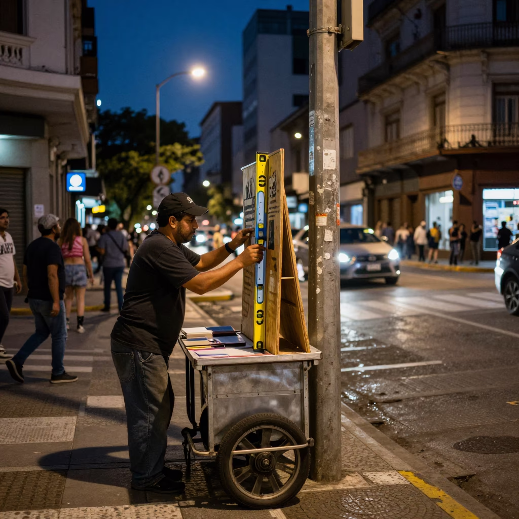 Midnight Buenos Aires Street Scene with Spirit Level and Urban Details in in Buenos Aires, Argentina
