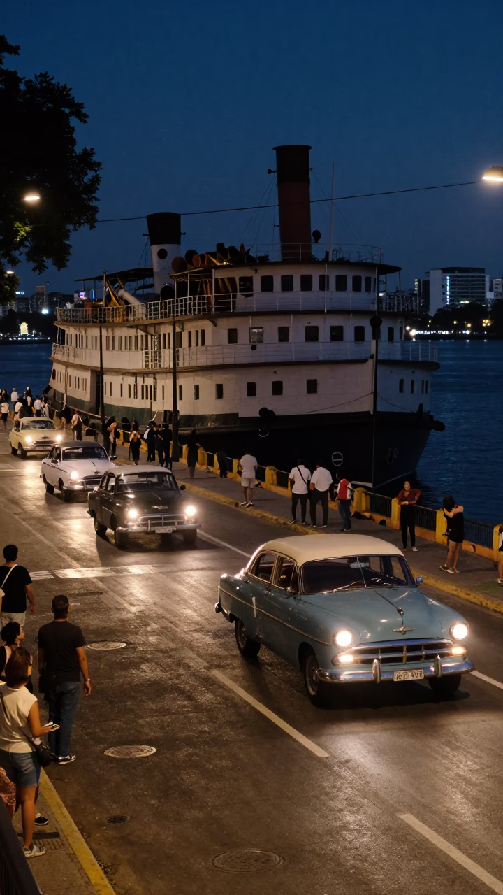 Midnight Buenos Aires Street Scene with Vintage Car Rally and Steamboat Atmosphere in in Buenos Aires, Argentina