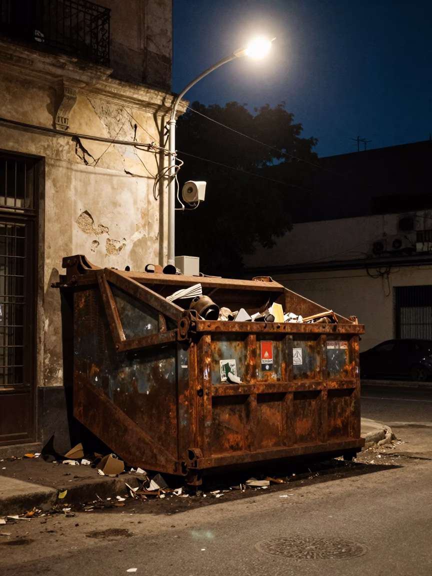 Midnight Buenos Aires Street Scene with Vintage Demolition Dumpster and Storefront Facade in in Buenos Aires, Argentina