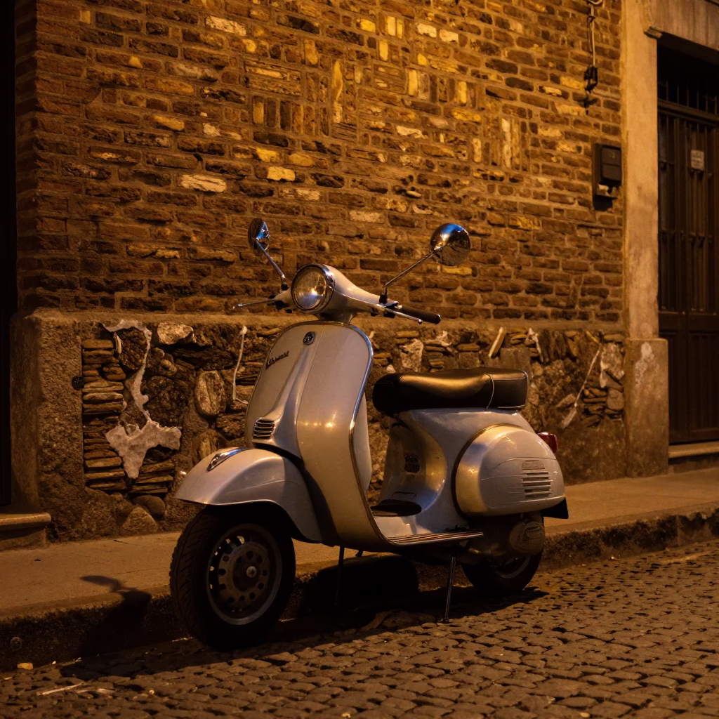 Midnight Buenos Aires Street Scene with Vintage Vespa on Cobblestone Lane in in Buenos Aires, Argentina