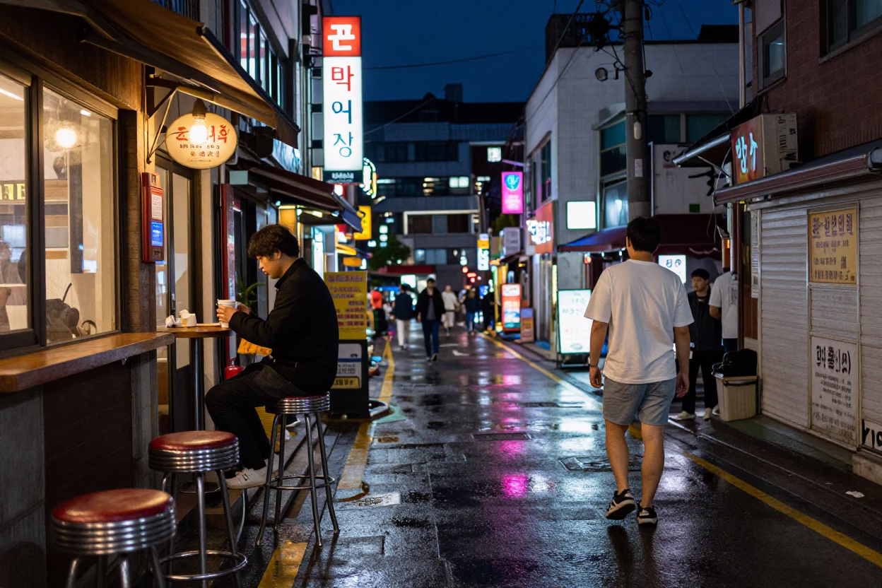 Midnight Busan Street Scene with Vintage Bar Stools and Neon Reflections in in Busan, South Korea