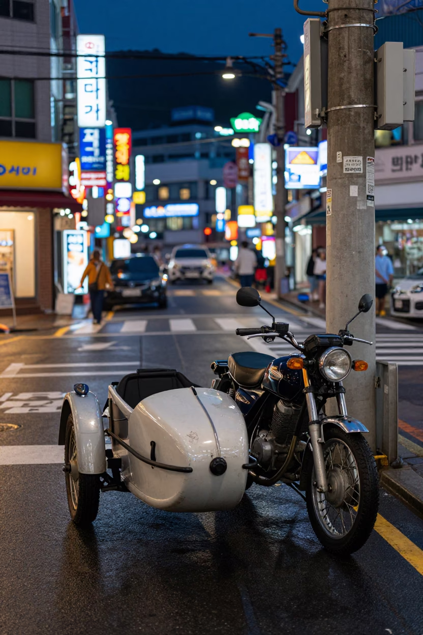 Midnight Busan Street Scene with Vintage Motorcycle Sidecar and Wet Urban Reflections in in Busan, South Korea