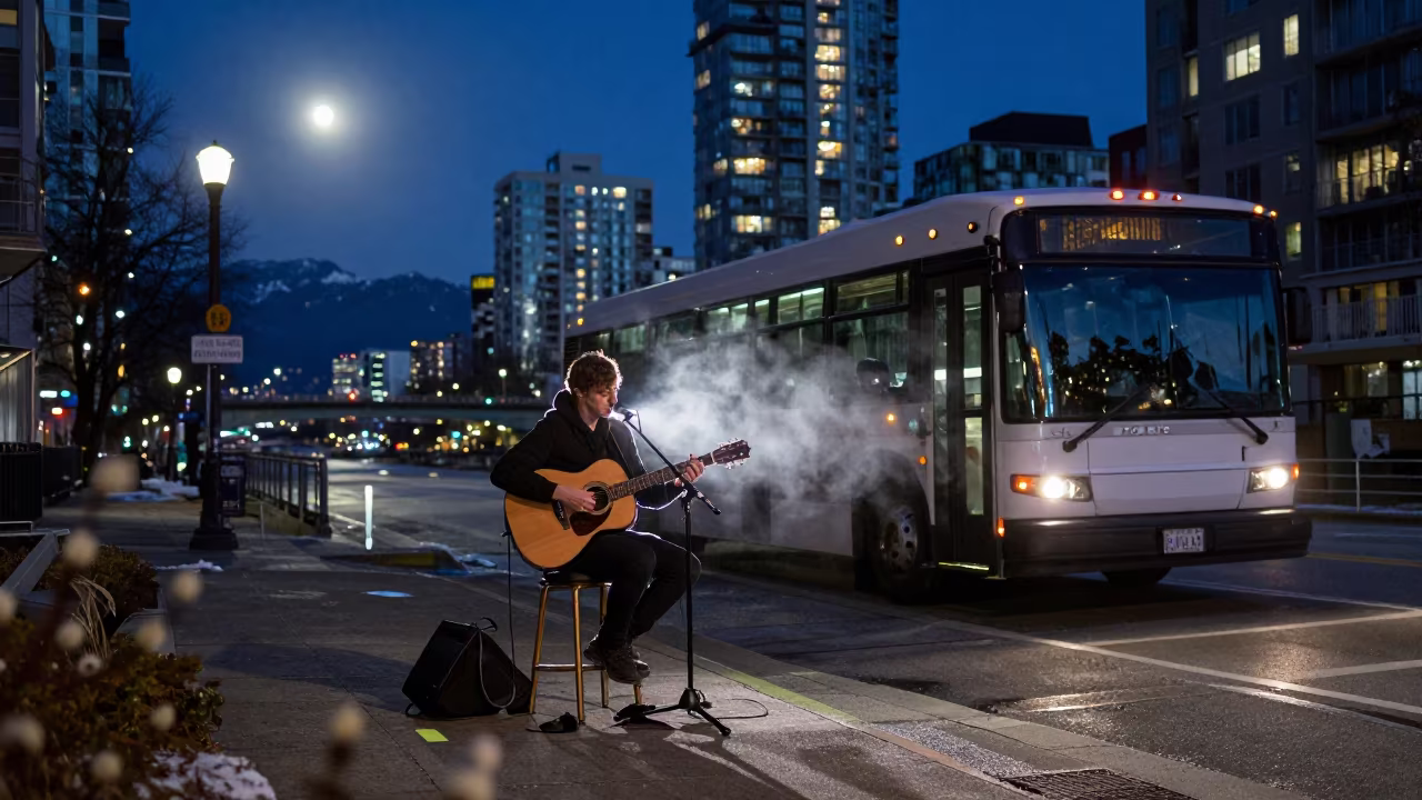 Midnight Busker on Giant Bridge in Vancouver Winter in at a street corner busking spot in Vancouver