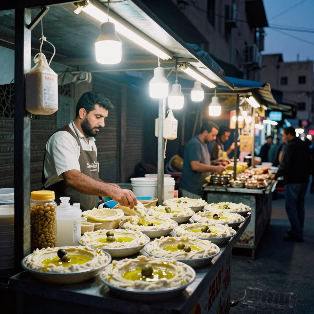 Midnight Cairo Street Food Scene with Hummus Spread and Night Train in Background in in Cairo, Egypt