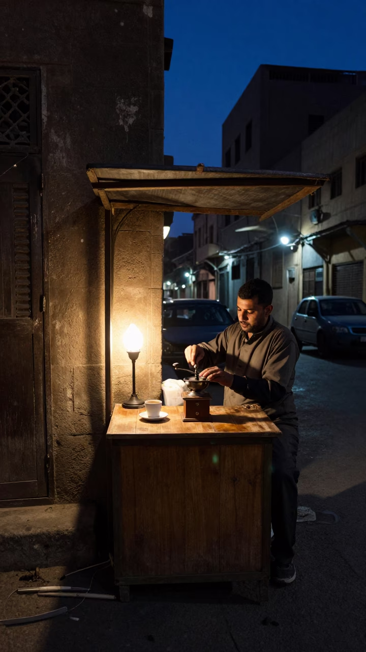 Midnight Cairo Street Scene with Bedside Lamp and Coffee Grinder in in Cairo, Egypt