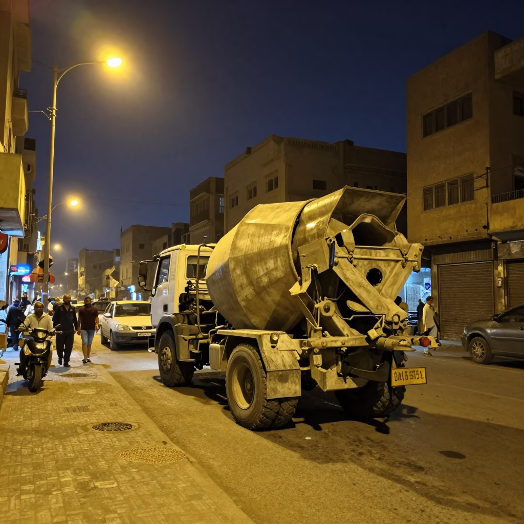 Midnight Cairo Street Scene with Cement Mixer and Local Traffic in in Cairo, Egypt