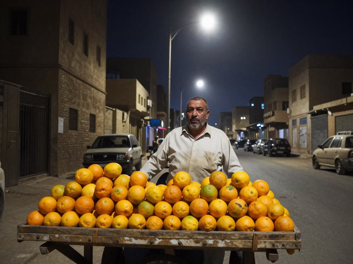 Midnight Cairo Street Scene with Oranges and Local Vendor Interaction in in Cairo, Egypt